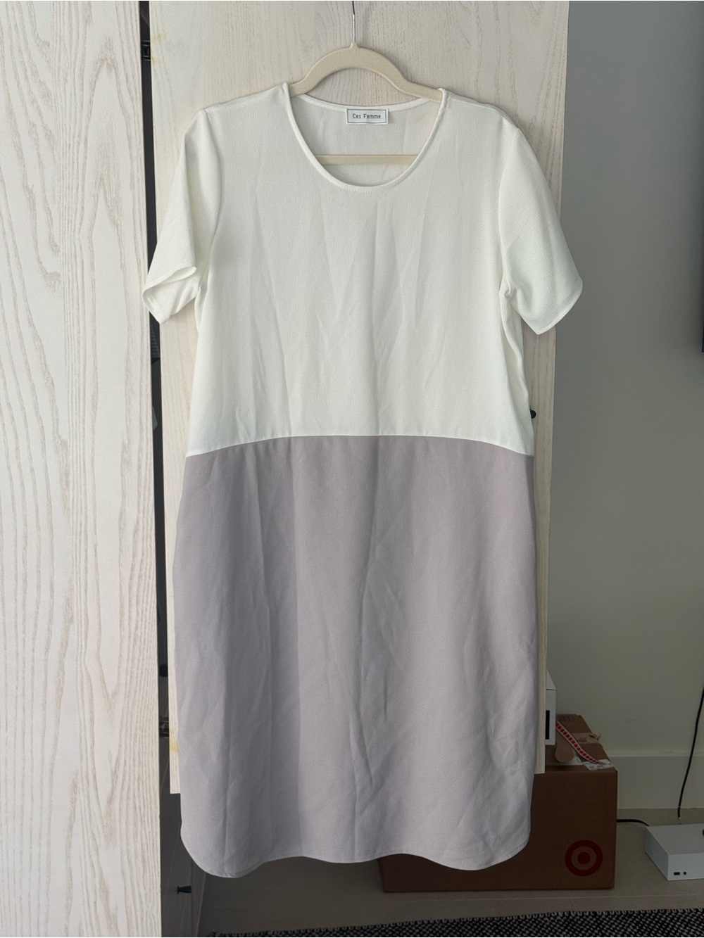 Block Style Cream + Grey/Lavender Midi Dress